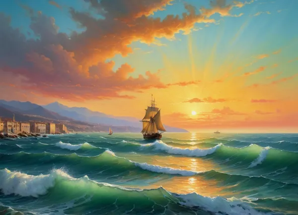 The painting is in the style of the Russian artist Ivan Konstantinovich Aivazovsky.The painting depicts the evening dawn of the sea near Malaga, a Spanish port city.

A boat is sailing through the high waves of a choppy sea, the rowers are working their oars with all their might to overcome the waves. Longboats and ships with lowered sails are parked at the pier.

The rays of the setting sun turn the edge of the pale green sky into a honey-yellow color, against which city buildings are clearly outlined, [1], .

The work is painted in bright colors. The author depicted the sky in one step, using a wide range of shades — light green, turquoise, pink, yellow, orange. The heavens are reflected on the surface of the rolling sea, coloring the waves in the same colors. The painter conveyed on canvas with realistic accuracy transparent sea waves, on the crests of which foam crests bloom, which crumble as they approach the shore., painted in the so-called oriental taste.