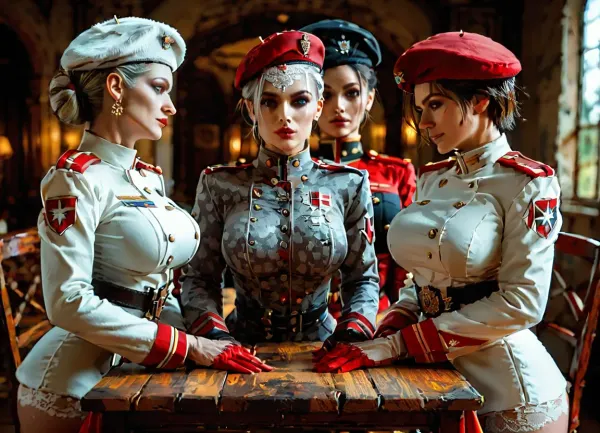 (bottomless only white lace thong), (Military Beret:1.3), (White military uniform:1.3), (red military uniform:1.3), Fully dressed in military uniform, Fully clothed, three women, Four women, A female head of state and her guards during a press conference, Women standing side by side on chairs at a table, Women standing behind a table, Women standing in front of the camera, (Isabella Valentine:1.3), (Jill Valentine 1.3), (tracer from overwatc1.3), multiple girls, beautiful face, perfect face, highly detailed beautiful face and eyes, attractive face, very curvy, Lots of adult women, long legs, stylish, big boobs, perfect body, high heels, perfect body, nipples, perfect tits.