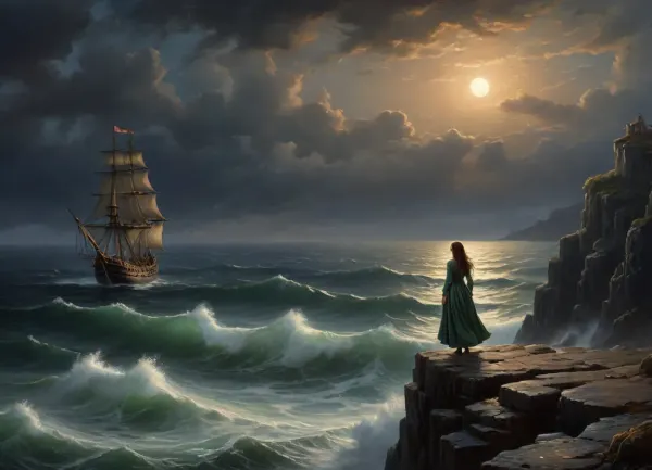girl in fluttering tattered and torn medieval ragged dress stands on high cliff above sea, stormy sea in the right part of frame, sinking sailing ship on the horizon, girl looking out to sea, gale force winds, girl looking at sinking ship, view from distance, (oil painting in Aivazovsky style, night, nighttime, low lighting, highly detailed figure, at night, darkness)
