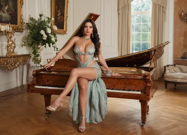 A woman with dark hair sits on a brown fur-covered chaise lounge holding up a lace garment, with a grand piano and a harp in the background. The image features a woman with long dark hair, parted on the side, and prominent makeup, including dark eyeliner and full lips. She is seated on a large, reddish-brown chaise lounge covered in what appears to be fur or an animal hide, complete with visible white patches in some areas. The chaise lounge has silver studding along its edges. The woman is topless, revealing large breasts, and is holding up a dark blue or black lace garment with gold or light-colored embellishments, as though she is either putting it on or taking it off. Around her neck, she wears a delicate necklace with a key-shaped pendant. She also has a bracelet on her left wrist. In the background to the left, a black grand piano with its lid open can be seen, its keys visible. Beyond the piano, there's a large window looking out onto lush green foliage and a glimpse of a light-colored brick wall. To the right of the woman, a large, ornate golden harp stands prominently. Its intricate gold frame and visible strings are detailed. Further in the background, a painting depicting a stylized face with a colorful, striped body is visible, leaning against a wall or furniture. The room has warm-toned walls, possibly terracotta or light brown, and the floor appears to be wooden or tiled. The overall atmosphere suggests an indoor, luxurious setting, possibly a private residence, with a mood that could be interpreted as alluring or confident due to the woman's pose and attire, (correct female hands and fingers:1.3), DRSL camera, 8k ultra HD, hinaigirl, dark, skin, large, breasts, boobs, tits, <lora:MaybeBetterFaceInFullBodyLora_XL_rev3:.8>, <lora:Darker_skin_SDXL:.8>, <lora:bombshell_v2:.8>, <lora:681678_training_data:.8>, <lora:add-detail-xl:1.6>