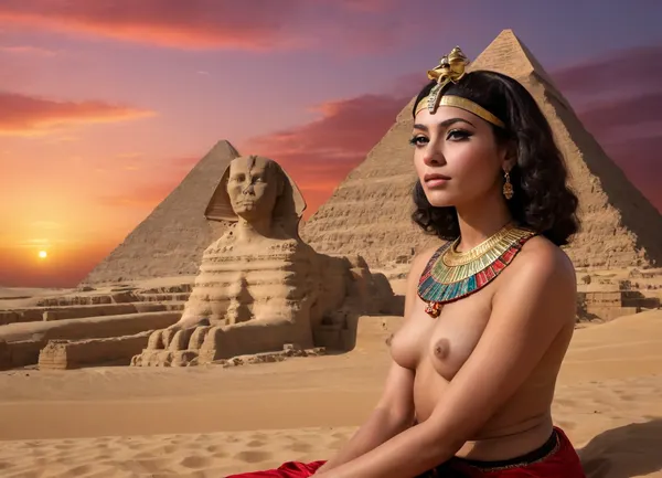 (Sphinx:1.2), and, (Pyramids of Giza:1.1), (Egyptian art:1.3), ancient Egypt, sunset, (red and black sky:1.1), sand, dunes, (sphinx lying pose:1.1), ((A beautiful woman stands in front of the sphinx, wearing traditional Egyptian kalaziris, with the crown of the Queen of Egypt on her head)), (vivid colors:1.2), detailed, matte, textured paper, (volumetric lighting:1.1), contrast, ((highly detailed)), ((realistic)), ((masterpiece)), high resolution, 8k, art house, cinematic, professional, studio lighting, sharp focus, sharp details