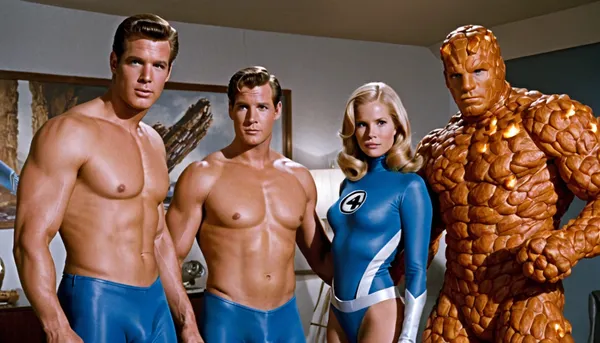 4 people, all 4 of the Fantastic Four together in their retro-futuristic home, 3 men 1 woman, the Invisible Woman Sue Storm is bottomless and fucking Mr Fantastic, naked pussy, pussy showing, fucking reverse cowgirl, she is wearing a blue top with the Fantastic Four logo on it and has large natural boobs and is naked below the waist, she has bushy blonde pubic hair, Mr Fantastic Reed Richard is wearing a Fantastic Four costume with his pants down showing his very long penis, The Thing Ben Grimm is naked and muscular with orange rocky Thing skin and huge penis, The Human Torch Johnny Storm is a naked man on fire and covered in flames, the Fantastic Four orgy, retro 60s futuristic furniture and decor.