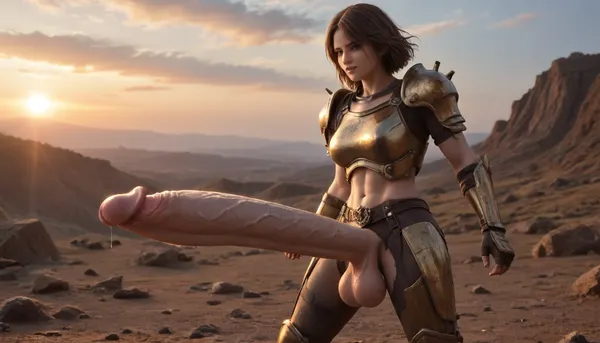 realistic futanari warrior standing victorious on a battlefield at sunset, massive 75-inch erect cock swinging powerfully, veins pronounced and thick, muscular toned body glistening with sweat and dirt, fierce confident smirk, torn battle armor barely holding together, dramatic orange and purple sky in background, photorealistic, NSFW, ultra-detailed, intense and commanding presence, <lora:add-detail-xl:1.1>, <lora:FutaCockXL:2>, <lora:bombshell_v2:1.8>