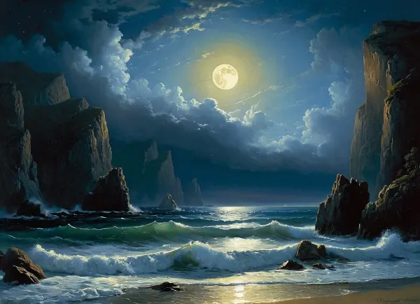 A stormy night. The last wave agitated the sea. It's boiling furiously. The waves break on the rocks in a rapid run. Terrible shaggy clouds are racing across the sky. The moon peeked through the clouds and illuminated the sea and the distant rocky shore. Moonlight flickered like diamonds on the lace of foam. The onset of the enlightenment of nature brings a stream of peace to the "last clouds of the scattered storm" running across the sky.Usually very quick at work, Aivazovsky painted this painting in such a way that it reflected his state of mind, in order to depict the halo of moonlight, he danced around it with a round brush the smallest splashes of light paint, the same as the moon itself.The rocky mountains are written differently, on which almost no moonlight falls. They are depicted as dark generalized masses, with a thicker tone than the sky. The sparse detailing of their shapes still makes it possible to distinguish steep cliff breaks, crevices in the mountains and a stone scattering at their foot on the surf edge. The sea in the part where the moonlight does not penetrate is also written very widely. The waves, breaking on the coastal cliffs, permeated by moonlight, acquire a phosphorescent hue.
