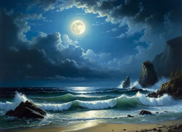 A stormy night. The last wave agitated the sea. It's boiling furiously. The waves break on the rocks in a rapid run. Terrible shaggy clouds are racing across the sky. The moon peeked through the clouds and illuminated the sea and the distant rocky shore. Moonlight flickered like diamonds on the lace of foam. The onset of the enlightenment of nature brings a stream of peace to the "last clouds of the scattered storm" running across the sky.Usually very quick at work, Aivazovsky painted this painting in such a way that it reflected his state of mind, in order to depict the halo of moonlight, he danced around it with a round brush the smallest splashes of light paint, the same as the moon itself.The rocky mountains are written differently, on which almost no moonlight falls. They are depicted as dark generalized masses, with a thicker tone than the sky. The sparse detailing of their shapes still makes it possible to distinguish steep cliff breaks, crevices in the mountains and a stone scattering at their foot on the surf edge. The sea in the part where the moonlight does not penetrate is also written very widely. The waves, breaking on the coastal cliffs, permeated by moonlight, acquire a phosphorescent hue.