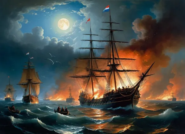 The painting is in the style of the Russian artist Ivan Konstantinovich Aivazovsky.In the depths of the bay, burning ships can be seen sinking, fragments of masts flying apart from the explosion. Rising flames with scarlet-blue smoke mix with clouds, and the light of the moon illuminates the hellish mixture of fire and water. In the foreground, the flagship of the Russian fleet "Three Hierarchs" stands in dark silhouette, to which a boat with the crew of the fireman D. S. Ilyin approaches. Behind the "Three Hierarchs" are "Europa" and "Rostislav", on the left in the background is "Don't touch me", (the location of the Russian ships is slightly "edited" by Aivazovsky, the ships are closer to each other than they were in real combat), . On the left in the foreground, Turkish sailors can be seen in the water, clinging to the wreckage of ships in order not to drown. In the background, the city is illuminated by the glow of the fire. The composition is built on a sharp contrast between flames, pale moonlight, clouds of smoke and fire covering the sky — all this creates the impression of tension and drama of the events taking place. Visually, the center of the picture is not even the Russian ships in the foreground, visible more as silhouettes against the background of clouds of flame and smoke, but the burning formation of the Turkish fleet., painted in the so-called oriental taste.