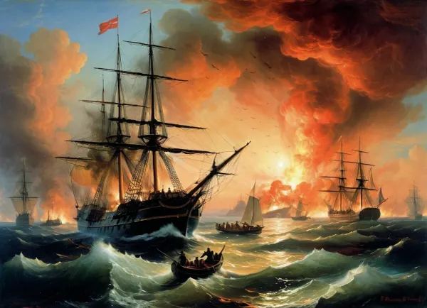The painting is in the style of the Russian artist Ivan Konstantinovich Aivazovsky.In the depths of the bay, burning ships can be seen sinking, fragments of masts flying apart from the explosion. Rising flames with scarlet-blue smoke mix with clouds, and the light of the moon illuminates the hellish mixture of fire and water. In the foreground, the flagship of the Russian fleet "Three Hierarchs" stands in dark silhouette, to which a boat with the crew of the fireman D. S. Ilyin approaches. Behind the "Three Hierarchs" are "Europa" and "Rostislav", on the left in the background is "Don't touch me", (the location of the Russian ships is slightly "edited" by Aivazovsky, the ships are closer to each other than they were in real combat), . On the left in the foreground, Turkish sailors can be seen in the water, clinging to the wreckage of ships in order not to drown. In the background, the city is illuminated by the glow of the fire. The composition is built on a sharp contrast between flames, pale moonlight, clouds of smoke and fire covering the sky — all this creates the impression of tension and drama of the events taking place. Visually, the center of the picture is not even the Russian ships in the foreground, visible more as silhouettes against the background of clouds of flame and smoke, but the burning formation of the Turkish fleet., painted in the so-called oriental taste.