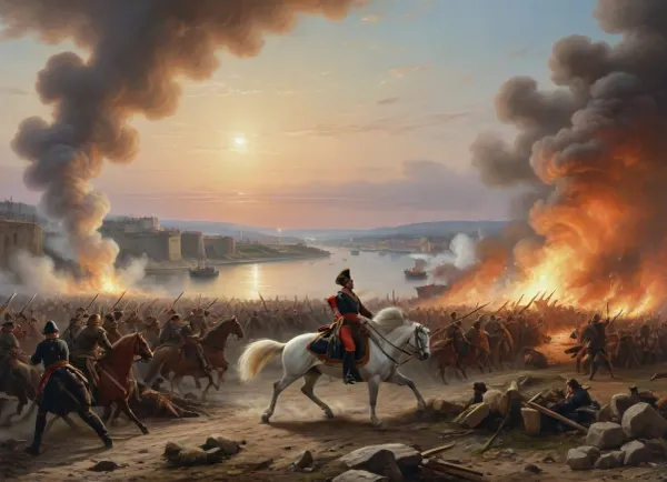 masterpiece, full color image, 8K quality, oil painting by a Russian artist, The painting depicts the very moment of the beginning of the storming of the fortress in the early morning. On the right, in the foreground, there is a cannon, from which Russian gunners fire a signal shot to attack. A.V. Suvorov is shown on the left, sitting on his white horse Mishka, and M.I. Kutuzov is on his right hand. Next to them are Russian soldiers and officers storming the bastions and walls of the burning Turkish fortress of Izmail. On the right side of the painting is the Danube River, where you can see the outlines of the boats of the landing troops.