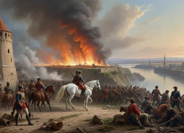 masterpiece, full color image, 8K quality, oil painting by a Russian artist, The painting depicts the very moment of the beginning of the storming of the fortress in the early morning. On the right, in the foreground, there is a cannon, from which Russian gunners fire a signal shot to attack. A.V. Suvorov is shown on the left, sitting on his white horse Mishka, and M.I. Kutuzov is on his right hand. Next to them are Russian soldiers and officers storming the bastions and walls of the burning Turkish fortress of Izmail. On the right side of the painting is the Danube River, where you can see the outlines of the boats of the landing troops.