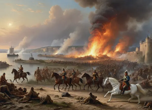 masterpiece, full color image, 8K quality, oil painting by a Russian artist, The painting depicts the very moment of the beginning of the storming of the fortress in the early morning. On the right, in the foreground, there is a cannon, from which Russian gunners fire a signal shot to attack. A.V. Suvorov is shown on the left, sitting on his white horse Mishka, and M.I. Kutuzov is on his right hand. Next to them are Russian soldiers and officers storming the bastions and walls of the burning Turkish fortress of Izmail. On the right side of the painting is the Danube River, where you can see the outlines of the boats of the landing troops.