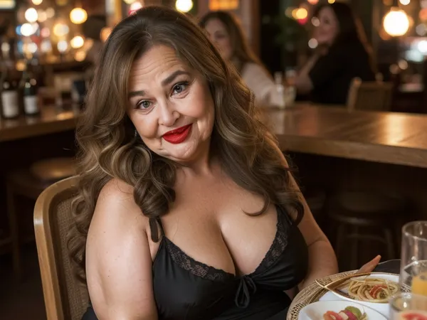 High angle shot, 65yo mature woman, beautiful obese milf, (obese:1.5), long hair, light brunette hair with highlights, tight hairstyle, sitting across you in a chair in a cozy bar, spaghetti strap black dress, humorous surprised expression, her eyes are wide, ((with a raised eyebrow)), smirking with a charming laugh, ((her lower lip is curled up)), giving a playful ‘uh-oh’ look, The face shows a mix of amusement and joyfulness, caught in a funny mistake, wrinkles around eyes, bow shaped lips with delicate lipstick, wide mouth, wide smile, long characteristic nose, laugh lines, blurry background, dimmed lights, sidenips, nipple slip, milf, <lora:sidenips_v24a:.8>, <lora:Milf:.6>