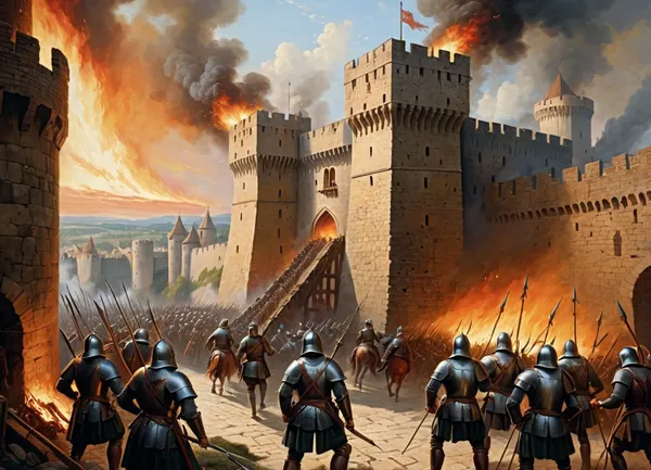 masterpiece, full color image, 8K quality, epic oil painting, The painting depicts the moment of the beginning of the storming of a medieval fortress in the early morning. Soldiers in steel armor and helmets climb ladders on high walls, from above the besieged shoot at them with bows and crossbows, pierce them with spears, pour tar, the fierceness of the assault is shown, the towers and walls of the flaming medieval fortress are visible. In general, the painter displayed many details, for example, smoke and fire covering the entire space of the painting, and the boredom of the advancing troops, he managed to convey the entire character of one of the fierce and heroic events of the war.