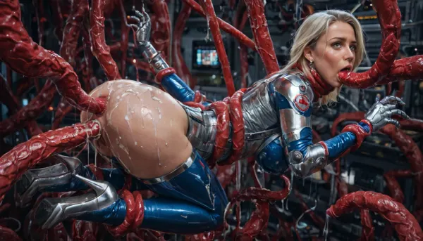 hyper photorealistic masterpiece, maximum quality, maximum details, maximum realism, score_9, score_8_up, (spaceship:1.2), (blonde hair, pubic hair), (Mature woman), (suspended, bdsm, wrists held by tentacles, ankles held by tentacles), (silver high heel boots, silver harness), (metallic blue latex catsuit:1.4), (metallic silver latex stockings, metallic silver latex gloves), (realistic anus, realistic vagina), shocked, choking on tentacle, tentacles squeezing breast, (cum on pussy, cum on ass, cum on legs, cum on breast), (Red veiny tentacle monster:1.6), (vaginal, anal:1.2), pImgFixerPre0.3, detailxl, NEGATIVE_HANDS