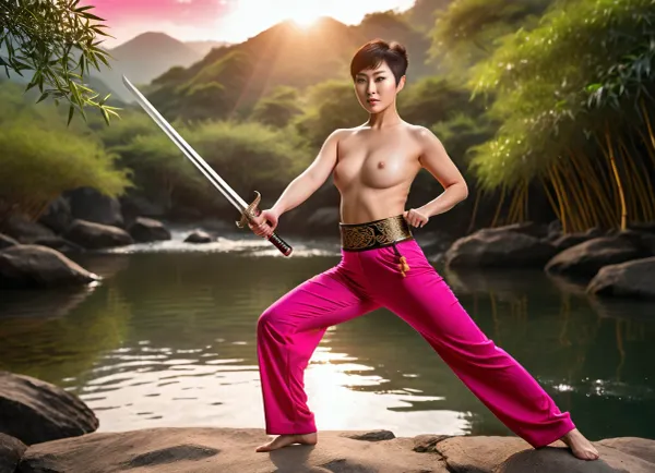 (Photorealistic:1.3), (Wushu master:1.2), beautiful Chinese woman, (beautiful face:1.1), black hair, pixie cut, athletic, elegant, (bright pink wushu pants:1.4), gold pattern, (topless:1.5), big beautiful breasts, (holding a sword:1.3), outdoors, sunset, golden hour, (seaside:1.1), bamboo forest, water, clouds, soft light, backlighting, detailed eyes, dynamic pose, martial arts, calmness, serenity, photography, high detail, (colors:1.1), film, masterpiece, high quality, 8k, cinematic lighting