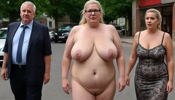A wedding. Procession. City street. Naked blond obese woman. Well-dressed men in black suits and priests look at the Bride. She is a FAT 58-year-old woman, grandma, (((Full body with head visible))), . She is dressed only with a White veil on her head, White LACE BRA, naked body, no clothes, wrinkles, GLASSES, GRAY hair, collar, leash, ((daylight)), HD, true colors, detailed portrait. No blur, 8k, ultra HD photorealistic full height 8k, <lora:sagging-000015:.3>, plump, skindentation, chubby, bbw, venus, body, big, breasts, ass, <lora:Chubby BBW - XL:1.5>, (holding, with, mouth), <lora:356728_training_data:.8>, stretch, marks, <lora:stretch_marks:.8>
