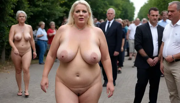 A wedding. Procession. City street. Naked blond obese woman. Well-dressed men in black suits and priests look at the Bride. She is a FAT 58-year-old woman, grandma, (((Full body with head visible))), . She is dressed only with a White veil on her head, White LACE BRA, naked body, no clothes, wrinkles, GLASSES, GRAY hair, collar, leash, ((daylight)), HD, true colors, detailed portrait. No blur, 8k, ultra HD photorealistic full height 8k, <lora:sagging-000015:.3>, plump, skindentation, chubby, bbw, venus, body, big, breasts, ass, <lora:Chubby BBW - XL:1.5>, (holding, with, mouth), <lora:356728_training_data:.8>, stretch, marks, <lora:stretch_marks:.8>