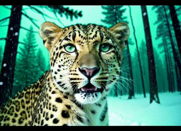 security camera footage, wide angle, show leopard, staring directly into the lens, piercing eyes, (opened mouth, sniffing), alert expression, close-up shot, night, dense snow-covered pine forest, heavy snowfall, blizzard conditions, grainy, (low resolution, monochrome green, (night vision), , , static noise, VHS distortion, scan lines, timestamp overlay:1.1), (CRT monitor), motion blur, low bitrate artifacts, compression artifacts, surveillance camera aesthetic, style raw, CCTV, Style, Infrared_photography, no, humans, scenery, sky, outdoors, tree, blue, day, cloud, building, <lora:SDXL-CCTV-Style-Lora:1.6>, <lora:Infrared_photography_SDXL_V1:.8>