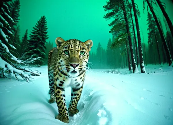 security camera footage, wide angle, show leopard, staring directly into the lens, piercing eyes, (opened mouth, sniffing), alert expression, close-up shot, night, dense snow-covered pine forest, heavy snowfall, blizzard conditions, grainy, (low resolution, monochrome green, (night vision), , , static noise, VHS distortion, scan lines, timestamp overlay:1.1), (CRT monitor), motion blur, low bitrate artifacts, compression artifacts, surveillance camera aesthetic, style raw, CCTV, Style, Infrared_photography, no, humans, scenery, sky, outdoors, tree, blue, day, cloud, building, <lora:SDXL-CCTV-Style-Lora:1.6>, <lora:Infrared_photography_SDXL_V1:.8>