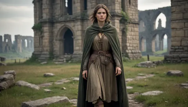 `Post-apocalyptic scene with nature reclaiming medieval ruins, ivy-covered stone castles, collapsed wooden watchtowers, overgrown cobblestone paths, and distant remnants of a shattered city with crumbling cathedrals. A weary woman in ragged, dirt-streaked clothing—patched woolen tunic, frayed cloak with a corroded clasp, scuffed leather boots—walks through a field of wild grass, her garments torn and stained with grime. She carries a dented copper flask, her face smudged with ash, sunlight filtering through haze to highlight the decayed landscape. 8k resolution, hyperrealistic textures, (weathered stone, matted fabric, oxidized metal), cinematic HDR lighting blending muted browns and gray-green tones, anti-aliasing, depth of field focusing on her figure against the ruins, ray-traced mist, lossless PNG format.`