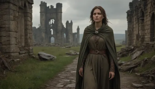 `Post-apocalyptic scene with nature reclaiming medieval ruins, ivy-covered stone castles, collapsed wooden watchtowers, overgrown cobblestone paths, and distant remnants of a shattered city with crumbling cathedrals. A weary woman in ragged, dirt-streaked clothing—patched woolen tunic, frayed cloak with a corroded clasp, scuffed leather boots—walks through a field of wild grass, her garments torn and stained with grime. She carries a dented copper flask, her face smudged with ash, sunlight filtering through haze to highlight the decayed landscape. 8k resolution, hyperrealistic textures, (weathered stone, matted fabric, oxidized metal), cinematic HDR lighting blending muted browns and gray-green tones, anti-aliasing, depth of field focusing on her figure against the ruins, ray-traced mist, lossless PNG format.`