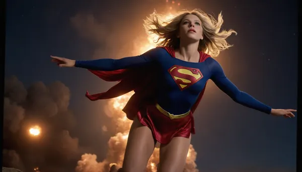 Supergirl flying in the air seen from below, no panties, upskirt, pussy exposed, plump pussy with little pubic hair. Atomic explosions go off in the distance, the night's atmosphere is on fire, light from different angles. No panties, cunt visible, pussy lips wet, stiff nipples under blue supergirl shirt, skinny, gorgeous face, beautiful body, sexy, graceful dynamic pose