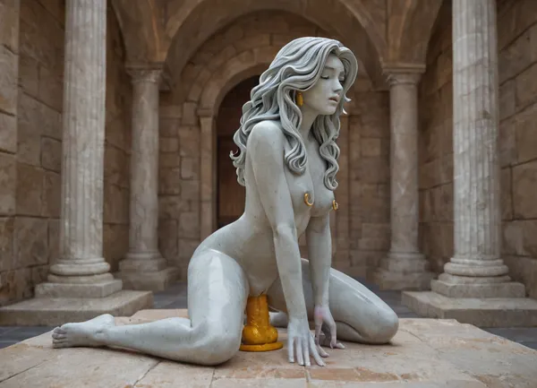 1 statue solo, 18 year old skinny female statue, ((detail she has fine porceline ceramic stone skin, stone marble female girl statue:1.1)), full body view, naked, expression of lust craving the dildo, masturbation, huge golden nipple ring, ((detail separate decorative golden horsecock dildo across the room:1)), part side view, stone statue girl