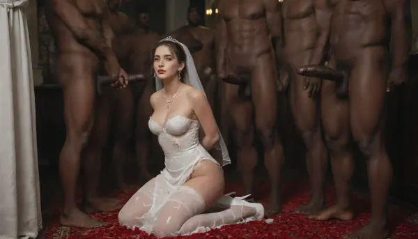 A humiliated white bride in a wedding scene, kneeling submissively before 5+man dominant black men with giant black Penis, group sex, gangbang, wearing a white slutty wedding dress with a torn veil, a black spade symbol on a necklace around her neck or a black spade tattoo on her stomach, kneeling in shame, a dark and erotic wedding setting with red lighting, rose petals on the ground, a sign saying 'Worthless White Groom' in the background, power dynamics, racial humiliation theme, real breeding fantasy theme, cinematic style, bnwo, highly detailed, dramatic lighting, 8k resolution, rope, black, bondage, caved cuckold penis, inside church, <lora:SDXLHighDetail_v6-000005:.7>, <lora:bdsm_SDXL_1_:1.4>