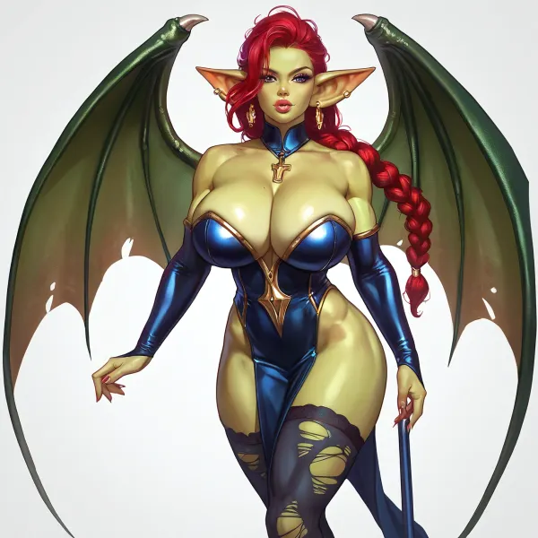 female darkgreen goblin body, solo, a very very very long thick braid, red hair, full lips, thick lips, huge chest circumference, muscular, wearing cleric robes and cleric armor and and cleric cloak cleric stockings, gigantic_Torn_wings, masterpiece, best quality high resolution realistic photograph, Gobla, <lora:Gobla:2> female darkgreen goblin body, solo, a very very very long thick braid, red hair, full lips, thick lips, huge chest circumference, muscular, wearing cleric robes and cleric armor and and cleric cloak cleric stockings, gigantic_Torn_wings, masterpiece, best quality high resolution realistic photograph, Gobla, <lora:Gobla:2>
