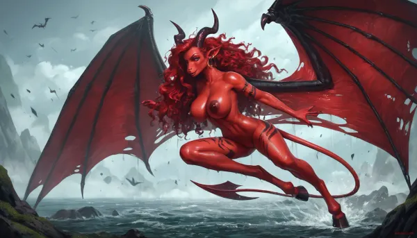 40's Years old, red anthro devil body, naked, Hooves, gigantic Torn wings, red skin, very long red hair 40's Years old, red anthro devil body, naked, Hooves, gigantic Torn wings, red skin, very long red hair