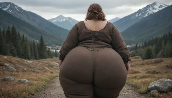 viking, hyper hips, heavyweight, fat woman, obese, (fully dressed:1.3), (back of head), night mountain, massive fat ass, hiking