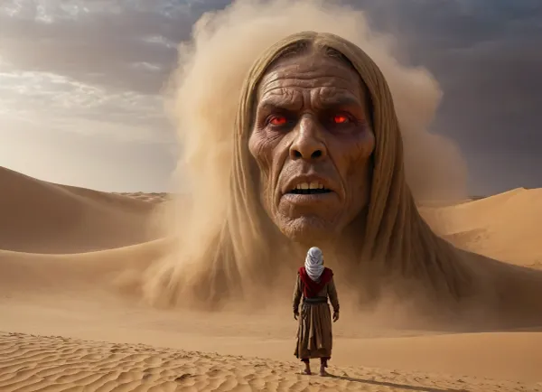 Bedouin tamer sandstorm standing opposite colossal sand demon face, sharp angular features, red and yellow vortex eyes, gaping chasm mouth, textured sand, brassy sky, swirling sandstorm, hyperrealistic style, dramatic chiaroscuro lighting, low angle, awe-inspiring majesty and primal fear, endless dunes, wide-angle lens.