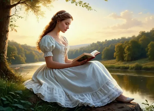 1855, the edge of the forest, a lady in a crinoline dress with a removable bodice, in the style of mature romanticism, sits on a hillock on the bank of a small river, profile view, dress length almost to the ground, is reading a book, the water in the river shines brightly in the sun, (detailed face:1.5), (half body view:1.5), (realistic painting:1.5), (sharp focus:1.4)