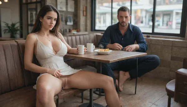 Photorealistic, street cafe, very attractive woman, very long dark hair, very short summer dress, necklace, no panties, (very tanned), huge firm breasts, cleavage, shaved pussy partially visible, legs together, slightly apart, sitting at a table, pensive with a mobile phone, in the background men drinking coffee, breakfast, angle under the table between her legs, massive squirt cum in pussy, open legs