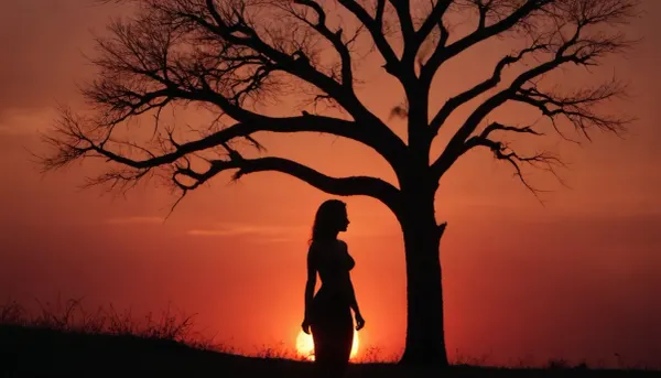 sunset in the savannah blood-red horizon, silhouette of a bare tree in the background, silhouette of a woman in the foreground, curvaceous woman