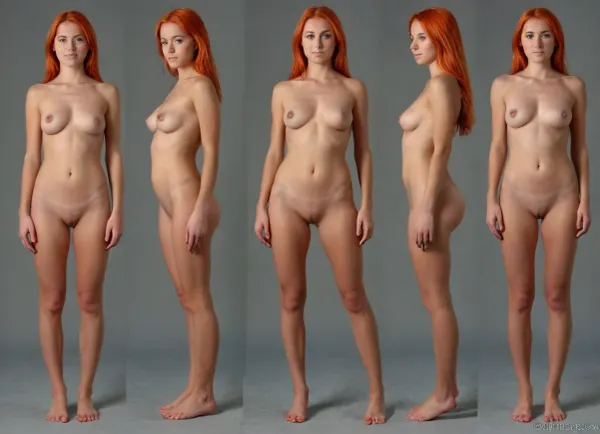 a cute nude girl in full growth. front view, side view, and back view., (multiple full body views of the same character:1.5), (full body view:1.5), (full body:1.2), (Full body visible:1.4), (full height view:1.5), (full height aesthetics of the female body:1.5), fully naked, shaved pussy, view full body, (18 years old:1.5), (red hair:1.1), (thigh gap:1.4), (narrow hips:1.5), (narrow thighs:1.5), young athletic girl, (young naked girl fit and naked:1.5), very detailed muscle tone, lightly Muscled, tight and firm, slim gymnast body, (toned abs:1.3), very strong athletic legs, very long legs, very muscular calves, long torso, torso lightly muscular, fine fragile innocent face, cute round young feminine face with high cheek bones, long torso without muscles, slender body, 6 ft tall, perky large upright upturned breasts, (full firm very perky large round breasts:1.5), large boobs, standing with widespread legs, detailed outie pussy lips, slimwoman, naked, small tight little ass, skinny thighs, f1t_k1tty, thin, legs, narrow, hips, (petite:1.8), (solid:1), skinny build, very, small, breast, <lora:f1t_k1tty [xzmmmm18f7d04b01ak14a4]:.6>, <lora:style_lora_realis:1>, <lora:slimwoman:1.3>, <lora:Real_People-SDXL:2>, <lora:epiCRealismXL-KiSSEnhancer_Lora:2>