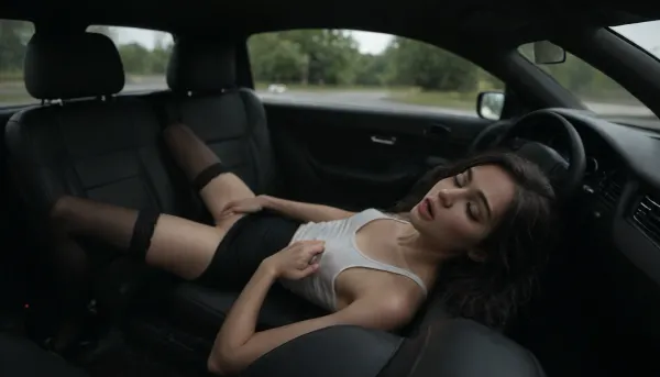 Beautiful 30 year old skinny dutch model, (((black pencil skirt))), skinny, small breasts, long legs, sheer black thigh highs, patent leather stiletto heels, white tank top, in the passenger seat of a parked car, ((masturbating)), eyes closed, back arched, head thrown back, driver's pov, facing viewer, bokeh, <lora:dark:.4>