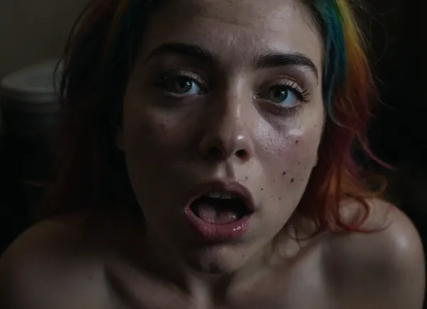 (only girl), (solo), (t33n), (no penis), (dark makeup), (Top-down view), (The head is raised), (Looks up), (only head), (very t1ny face, v3ry young face, very cute face, Bаby face, Freckles, much Freckles, Acne, much Acne, green eyes, Red Capillaries in eyes, rainbow hair color, rainbow hair, lush hair, Sticky hair, Sweaty hair, Matted hair, small nose, cute nose, Plump lips, Big lips, Thick eyebrows, Plump eyebrows, rainbow eyebrows, Dyed eyebrows, Ruined makeup, Ruined, makeup, Crying makeup, Sticking tongue, saliva on tongue, split on tongue, Slobbery tongue, saliva in mouth, split China, Rolled eyes), (ahegao), (ahegao eyes), (orgasm face), (tongue), (Rolled), (open mouth), (split), (slobbery), 1girl, ruanyi0181, indoors, toilet, no, humans, <lora:dark:.1>, <lora:add-detail-xl:2>, <lora:0181 dirty toilet_xl_v2:.1>