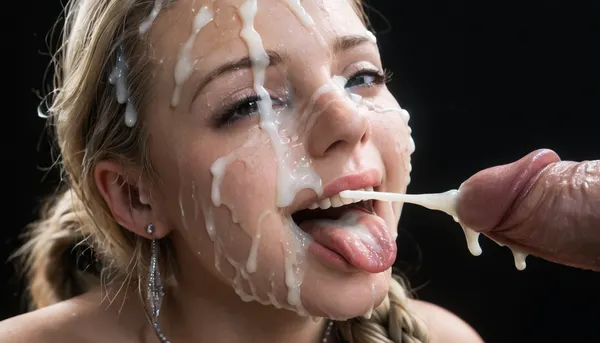 close up of a huge 15 inch white dick, masturbating, (ejaculation:1.7), cumshot into the wide open mouth of a mature curvy woman with blonde hair, long braided ponytail, happy, horny, sadistic grim, smiling, tongue sticking out, excessive cum dripping from tongue, black room, black background, (Cum details), realistic cum, Prominent cum, (white cum:1.7), cum on, (Cum flows:1.2), (cum on body:1.3), cum on head, (cum on face:1.3), bukkake, ((body covered with semen)), cum, face, Face covered in cum, (A lot of cum:1.5), <lora:JustCum:.7>, <lora:cum_in_eye_deepmind:.8>