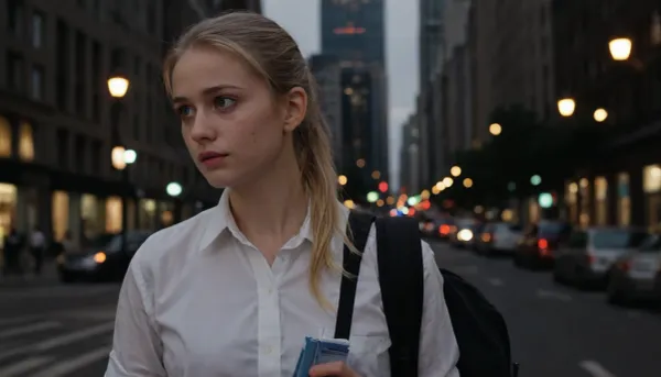 Draw a modest 1st year student who came from the countryside to a big city. She has blonde hair pulled back in a neat ponytail and large blue eyes that express a mixture of curiosity and mild confusion. She is dressed in a simple white shirt and a dark skirt, which highlights her modest style. She has a small backpack slung over her shoulder and a battered notebook in her hands. The background is a busy street in a big city with tall buildings and bright lights that contrast with its simplicity.