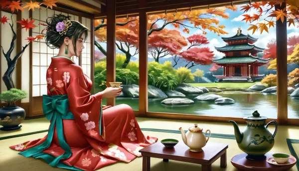 Hentai image in the style of Logan Cure, (best quality, masterpiece:1.2), (photorealism:1.3), traditional Japanese art, beautiful calm Japanese woman, (sitting on tatami:1.1), profile, from behind, full height, dressed in an exquisite, (light kimono with a floral pattern:1.2), with a detailed design, (traditional Japanese hairstyle:1.1), (holding a teapot:1.4), performing a tea ceremony, (looking at a lush autumn Japanese garden:1.4), (Zen garden with a pond and stones:1.2), (autumn maples and other trees), intricate stone lanterns, (yellow and red foliage:1.1), (green bonsai:1.3), soft natural light, warm sunlight, (sunlight filtering through trees:1.1), spotted light, shallow depth of field, sharp focus on the woman and foreground, blurred background, bokeh, peaceful atmosphere, tranquility, tea ceremony set, traditional Japanese interior, shoji screens, wooden frames, morning light, golden hour, cultural, serene, high detail, complex textures, (profile view:1.2)