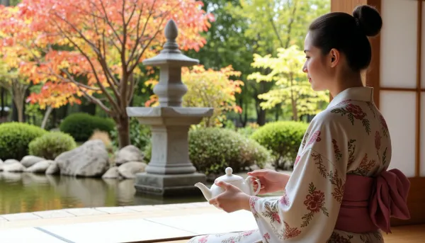 (best quality, masterpiece:1.2), (photorealism:1.3), traditional Japanese art, beautiful calm Japanese woman, (sitting on tatami:1.1), profile, from behind, full height, dressed in an exquisite, (light kimono with a floral pattern:1.2), with a detailed design, (traditional Japanese hairstyle:1.1), (holding a teapot:1.4), performing a tea ceremony, (looking at a lush autumn Japanese garden:1.4), (Zen garden with a pond and stones:1.2), (autumn maples and other trees), intricate stone lanterns, (yellow and red foliage:1.1), (green bonsai:1.3), soft natural light, warm sunlight, (sunlight filtering through trees:1.1), spotted light, shallow depth of field, sharp focus on the woman and foreground, blurred background, bokeh, peaceful atmosphere, tranquility, tea ceremony set, traditional Japanese interior, shoji screens, wooden frames, morning light, golden hour, cultural, serene, high detail, complex textures, (profile view:1.2)