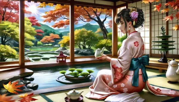 Hentai image in the style of Logan Cure, (best quality, masterpiece:1.2), (photorealism:1.3), traditional Japanese art, beautiful calm Japanese woman, (sitting on tatami:1.1), profile, from behind, full height, dressed in an exquisite, (light kimono with a floral pattern:1.2), with a detailed design, (traditional Japanese hairstyle:1.1), (holding a teapot:1.4), performing a tea ceremony, (looking at a lush autumn Japanese garden:1.4), (Zen garden with a pond and stones:1.2), (autumn maples and other trees), intricate stone lanterns, (yellow and red foliage:1.1), (green bonsai:1.3), soft natural light, warm sunlight, (sunlight filtering through trees:1.1), spotted light, shallow depth of field, sharp focus on the woman and foreground, blurred background, bokeh, peaceful atmosphere, tranquility, tea ceremony set, traditional Japanese interior, shoji screens, wooden frames, morning light, golden hour, cultural, serene, high detail, complex textures, (profile view:1.2)