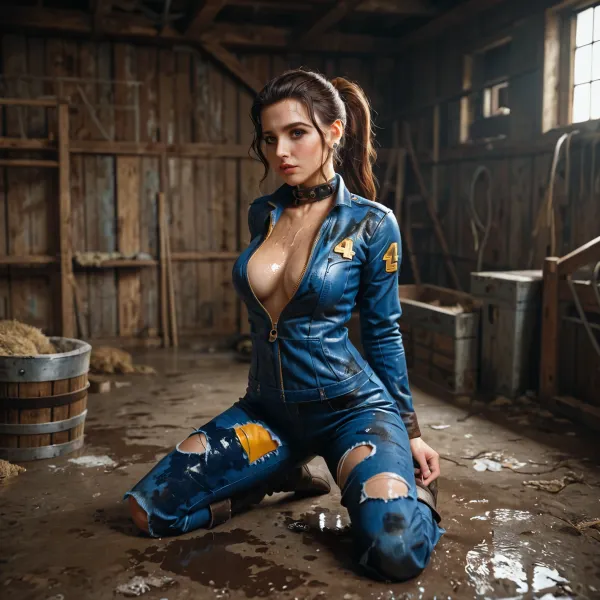 Lucy Maclean from Fallout, brunette, long hair in a ponytail, blue leather uniform with yellow edges, collar and zippers, torn and ripped uniform, wet body, kneeling in an abandoned warehouse
