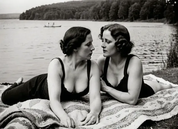 daguerreotype photo, 1920s Candid amateur photo, two mature natural stocky slutty mature women, pubic hair, saggy breasts, massaging, on a blanket lakeside, selective focus, blurred background, highly detailed, vibrant, perspective control, 127 roll film, 1920s photography, historical photo, aged photo, black & white photography, damaged photo, fdec, <lora:fdec:.8>