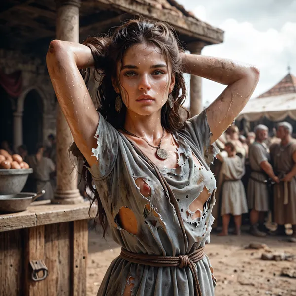 Brunette, long hair styled in a bun, gray Roman slave tunic, dirty and torn tunic, wide neckline, very sweaty body, hands behind head, rusty iron necklace, Roman market, 3/4 body view