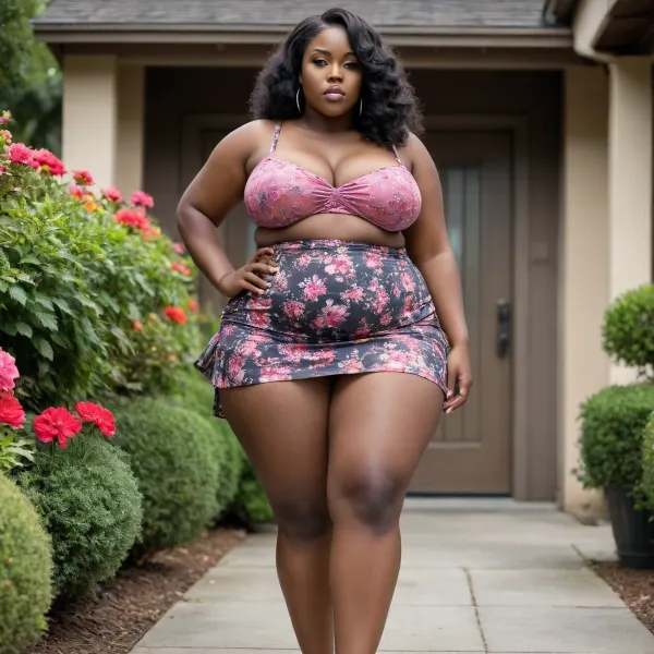 a fat, short bbw, busty 25 year old very black women, plump, BIG wide ass, from the side, thick thighs, very huge breasts. narrow waist, flowery, micro skirt