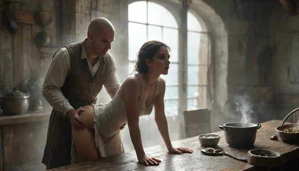 1man, 1girl, 16th century., (Peter is an very much ugly, ultra fat, bald head, male matured cook:1), in the galley of a pirate sailing ship, his belly is fat and round. highly detailed face, partly toothless. The clothing corresponds to simple 16th-century cotton dress clothing. Peter is fucking Maria from behind in the low light galley, Maria is Peter's kitchen helper, (Maria is sexy, young and slim:1), Peter fucks Maria from behind, Peter push Maria to bent over the pot of soup, while Maria stirs a large pot of soup on the fire, rough, (sweaty bodies:1.7), extremely heat in the galley, highly detailed messy dirty galley, cinematic, (masterpiece, detailed), FRESHIDEAS, Real, Photography, 2#, Black, and, white, art, black, shading, charcoal, toned, brutal, dark, b/w, color, scheme, <lora:FRESHIDEAS Real Photography 2#:.6>, <lora:Black and white art.V1:.4>, <lora:MJ52:.4>, <lora:add-detail-xl:1.1>, <lora:Dramatic_penis_SDXL:.8> 1man, 1girl, 16th century., (Peter is an very much ugly, ultra fat, bald head, male matured cook:1), in the galley of a pirate sailing ship, his belly is fat and round. highly detailed face, partly toothless. The clothing corresponds to simple 16th-century cotton dress clothing. Peter is fucking Maria from behind in the low light galley, Maria is Peter's kitchen helper, (Maria is sexy, young and slim:1), Peter fucks Maria from behind, Peter push Maria to bent over the pot of soup, while Maria stirs a large pot of soup on the fire, rough, (sweaty bodies:1.7), extremely heat in the galley, highly detailed messy dirty galley, cinematic, (masterpiece, detailed), FRESHIDEAS, Real, Photography, 2#, Black, and, white, art, black, shading, charcoal, toned, brutal, dark, b/w, color, scheme, <lora:FRESHIDEAS Real Photography 2#:.6>, <lora:Black and white art.V1:.4>, <lora:MJ52:.4>, <lora:add-detail-xl:1.1>, <lora:Dramatic_penis_SDXL:.8>