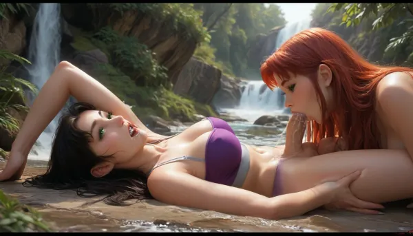 masterpiece, best quality, high resolution, hires, score_9, score_8_up, score_7_up, score_6_up, (DC comics titans starfire:1.4), bright purple two piece skin tight top and short shorts, long red flowing hair, green eyes, slim body, big breasts, perky gumdrop nipples, bright red pussy hair, big bush, starfire using green magic, starfire is laying down on the ground receiving oral sex from the other woman, (different black haired woman laying down on the ground getting having oral sex with starfire), mouth penetration, oral sex with each other, (futa:1.3), massive futa penis, cum pouring out of asshole, waterfall and jungle in background, detailed background, side view, close up, ratatatat74, incase style, anime fantasy, ohxw, red, hair, green, eyes, woman, sucking, a, cock, <lora:287175_training_data:1.5>, <lora:ratatatat74-000050:1.5>, <lora:1star-000004:1.5>, <lora:209970_training_data:1.5>, <lora:WTS - WhatTheSuck - v1:1.4>