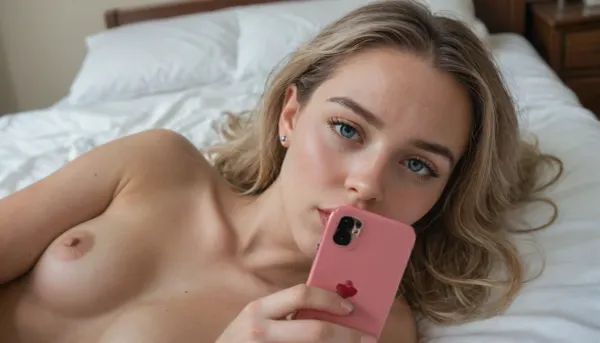 Candid cellphone selfie, nude 20 year old athlete, slender, lying on a photorealistic bed, realistic detailed face, long dark blonde hair, shy, realistic detailed skin, realistic detailed bright eyes, vivid colors