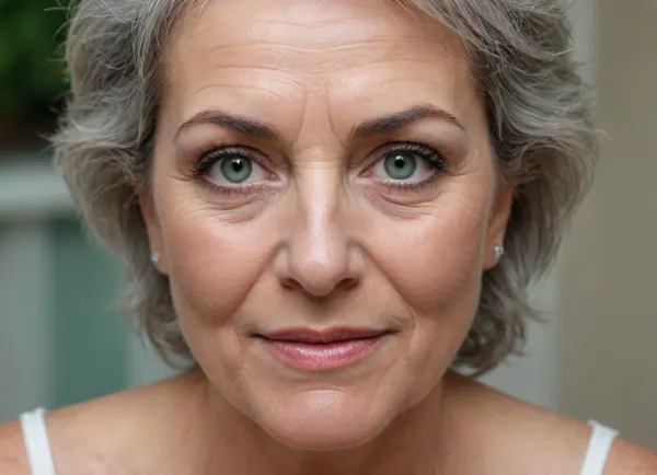 (Réalisme), portrait d'une femme de 60 ans, visage détaillé, des rides aux coins des yeux, le front froncé, cheveux argentés courts, yeux verts intenses, nez bosselé, maquillage intense des cils, souriante